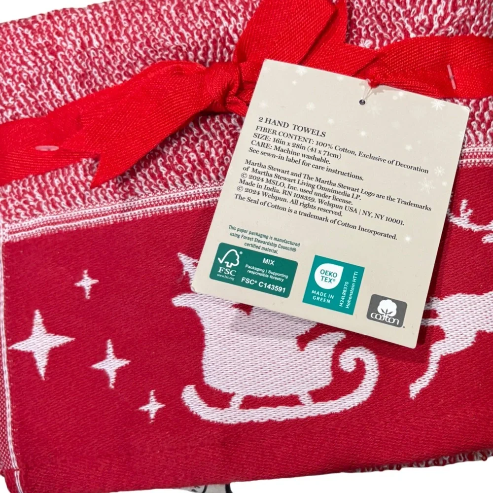 MARTHA STEWART NWT 2pc Santa & sled cotton Christmas hand towels red/white 16x28